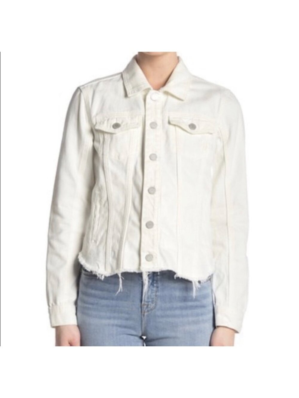 BLANKNYC Women’s Size Small Off-White Cotton Raw Hem Denim Trucker Jean Jacket